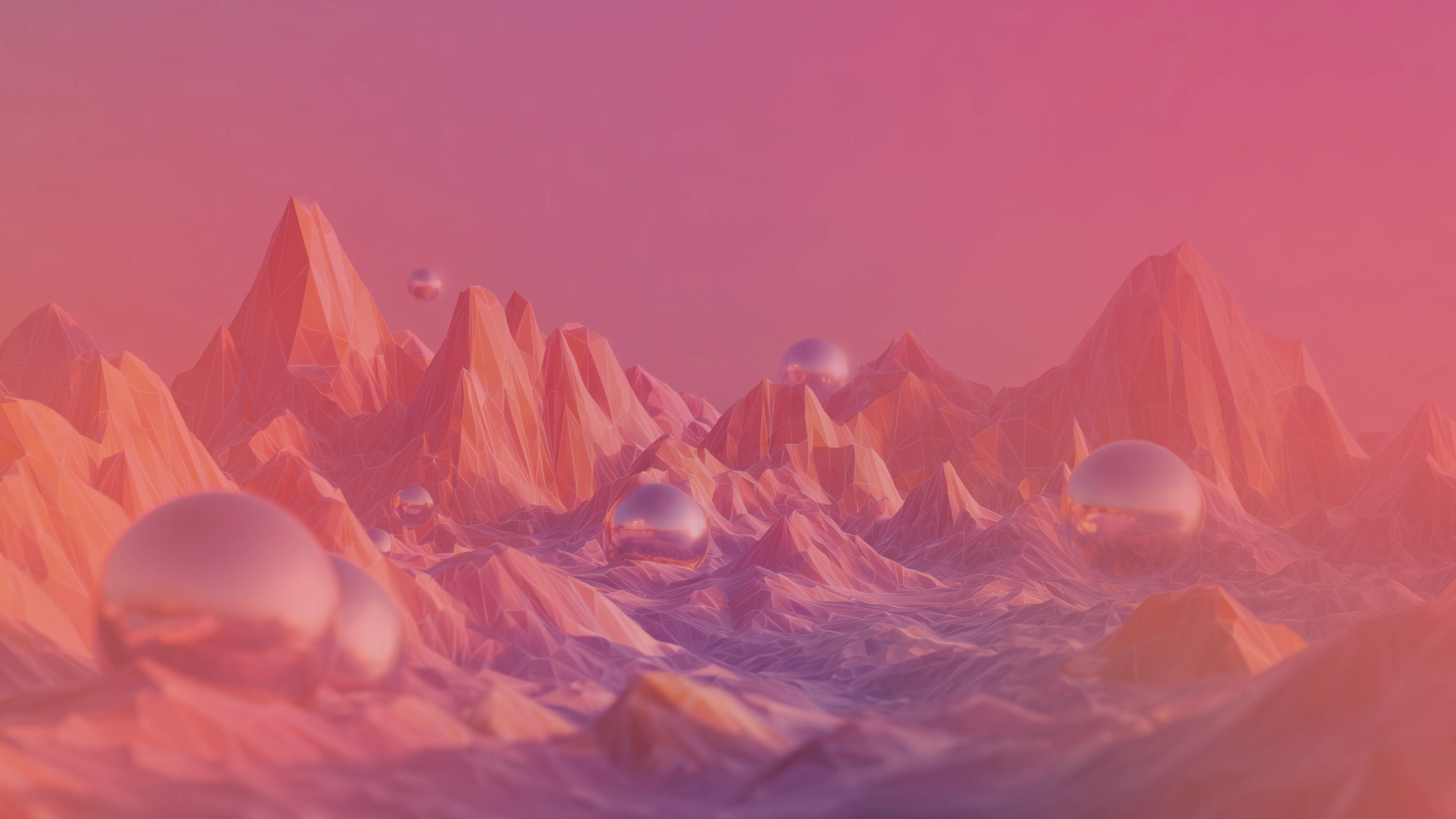 Abstract 3D landscape with coral low-poly mountains and chrome spheres.webp