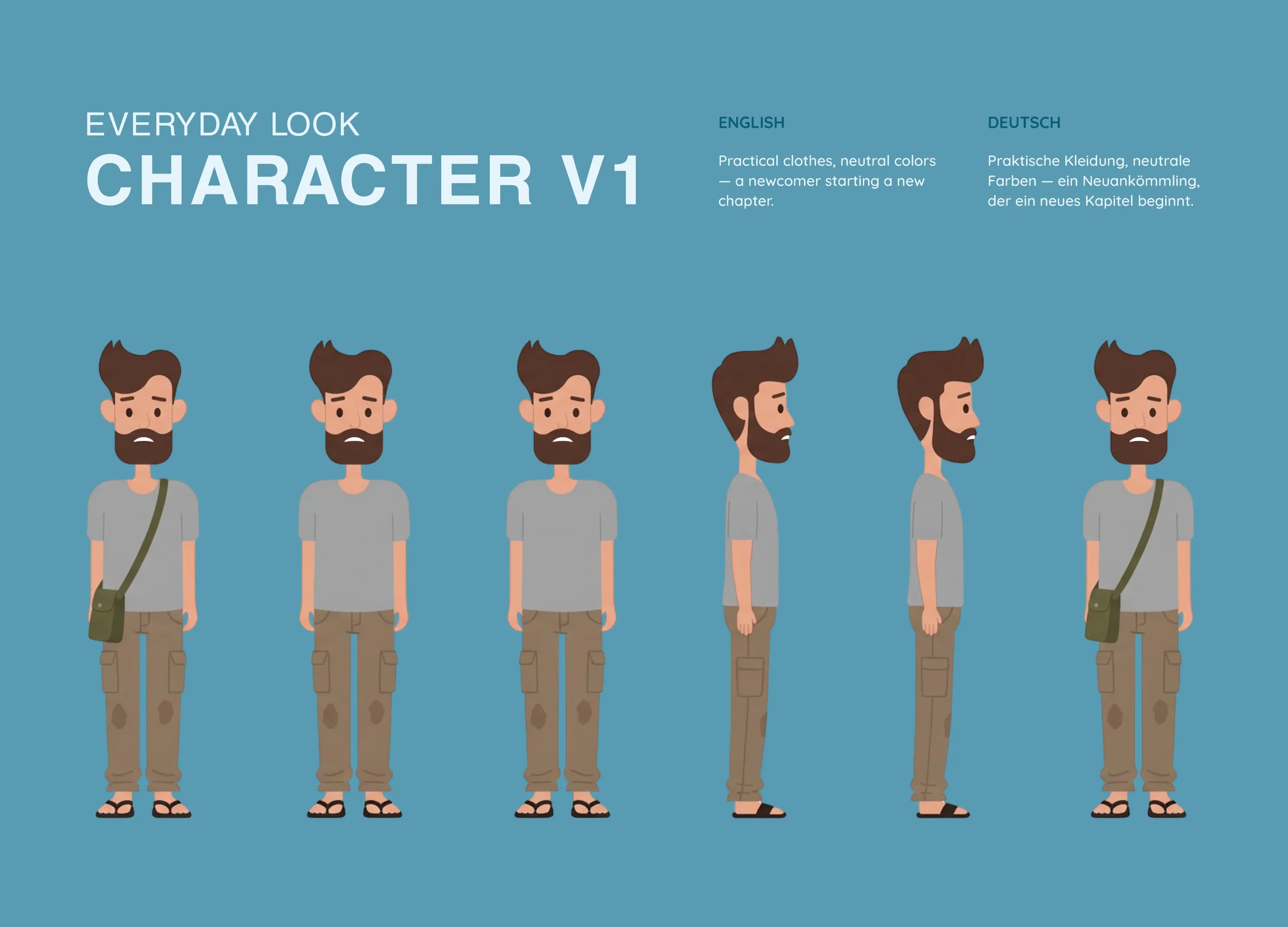 Character design, version 1 – refugee family characters in flat 2D style