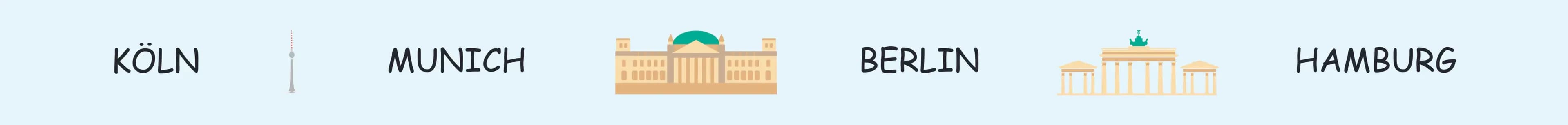 Illustrated city strip: Cologne, Munich, Berlin and Hamburg landmarks