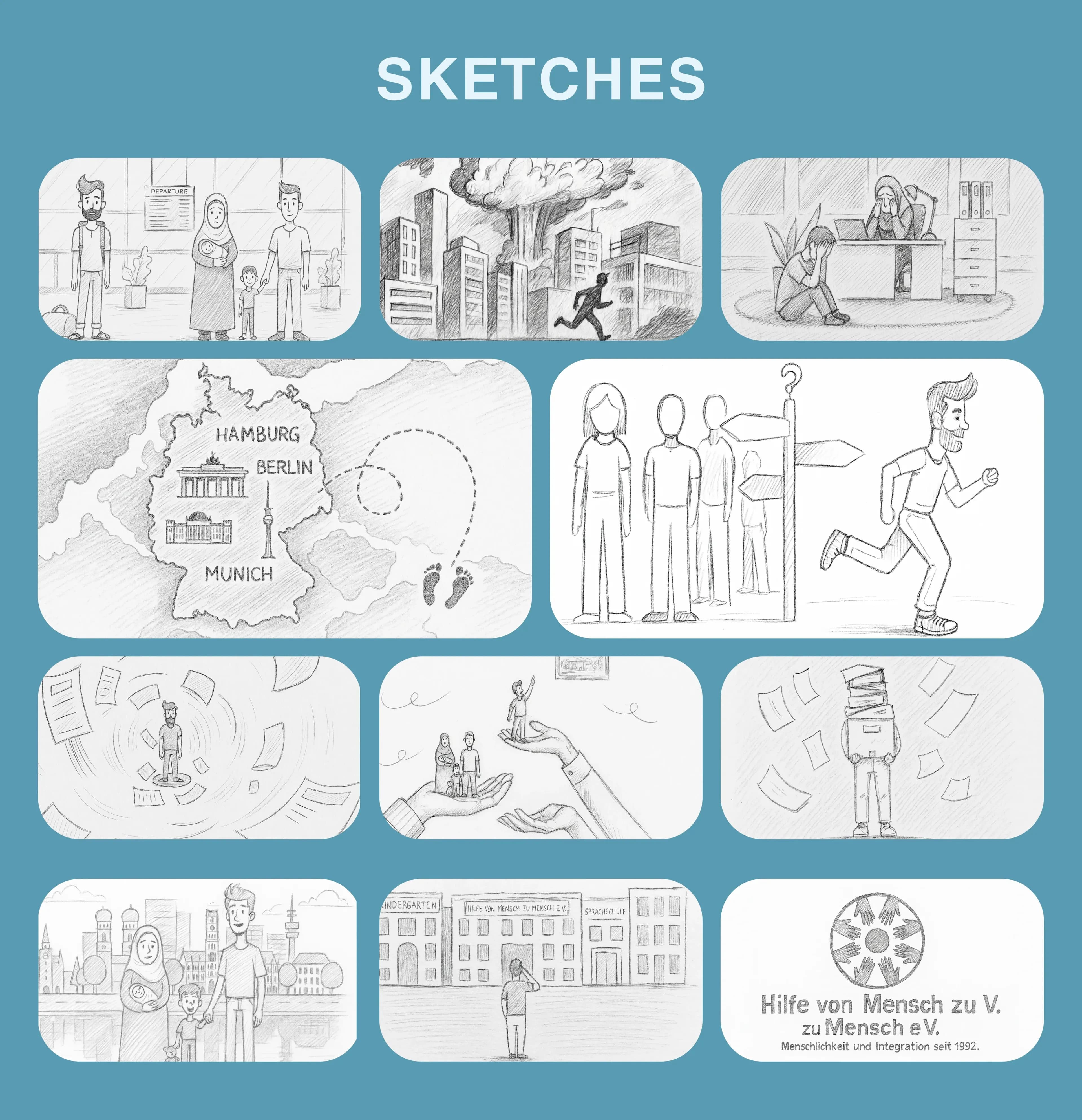 Pencil storyboard sketches for the integration explainer video