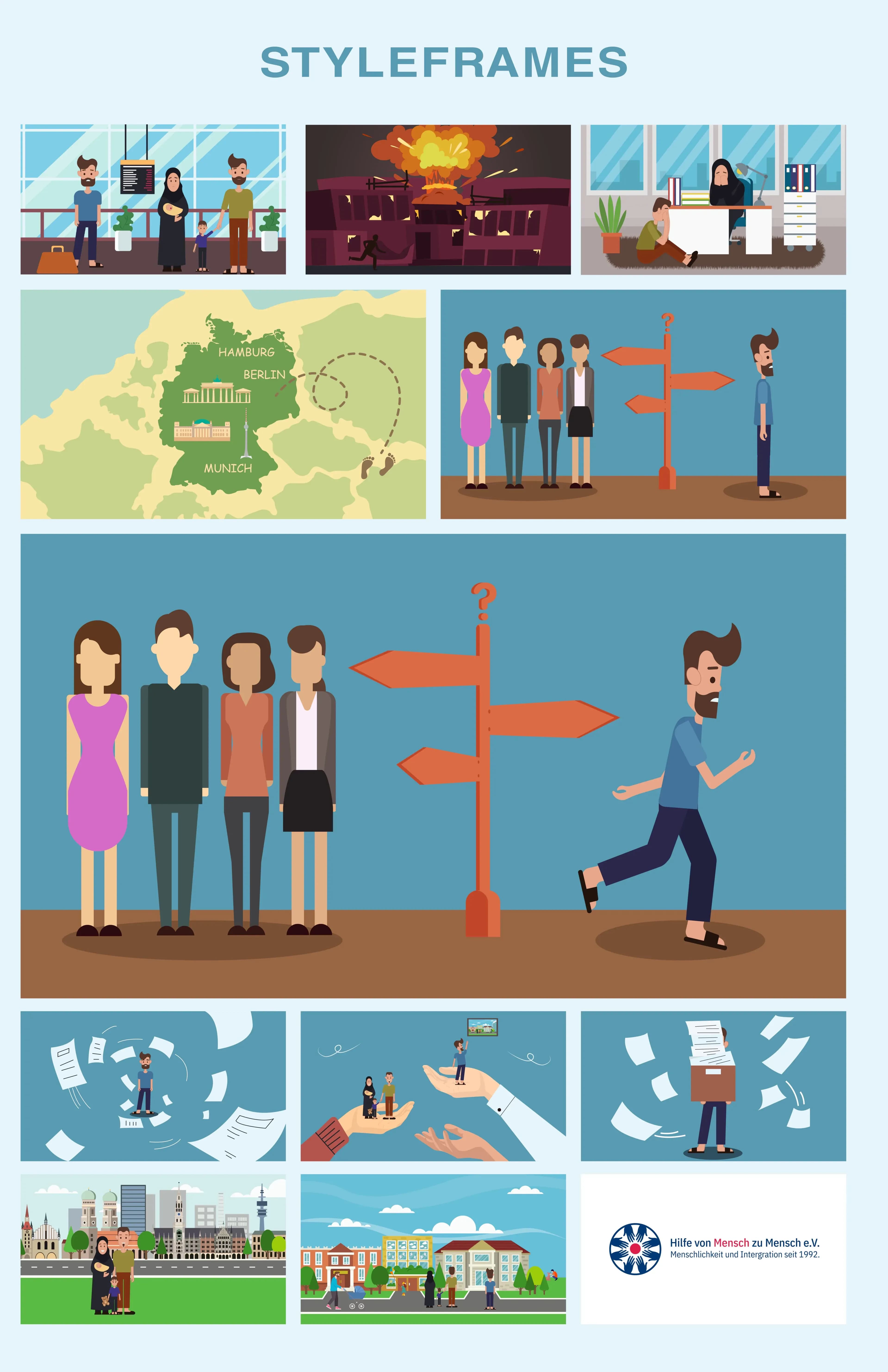 Vector styleframes: airport, journey across Germany, crossroads and city scenes