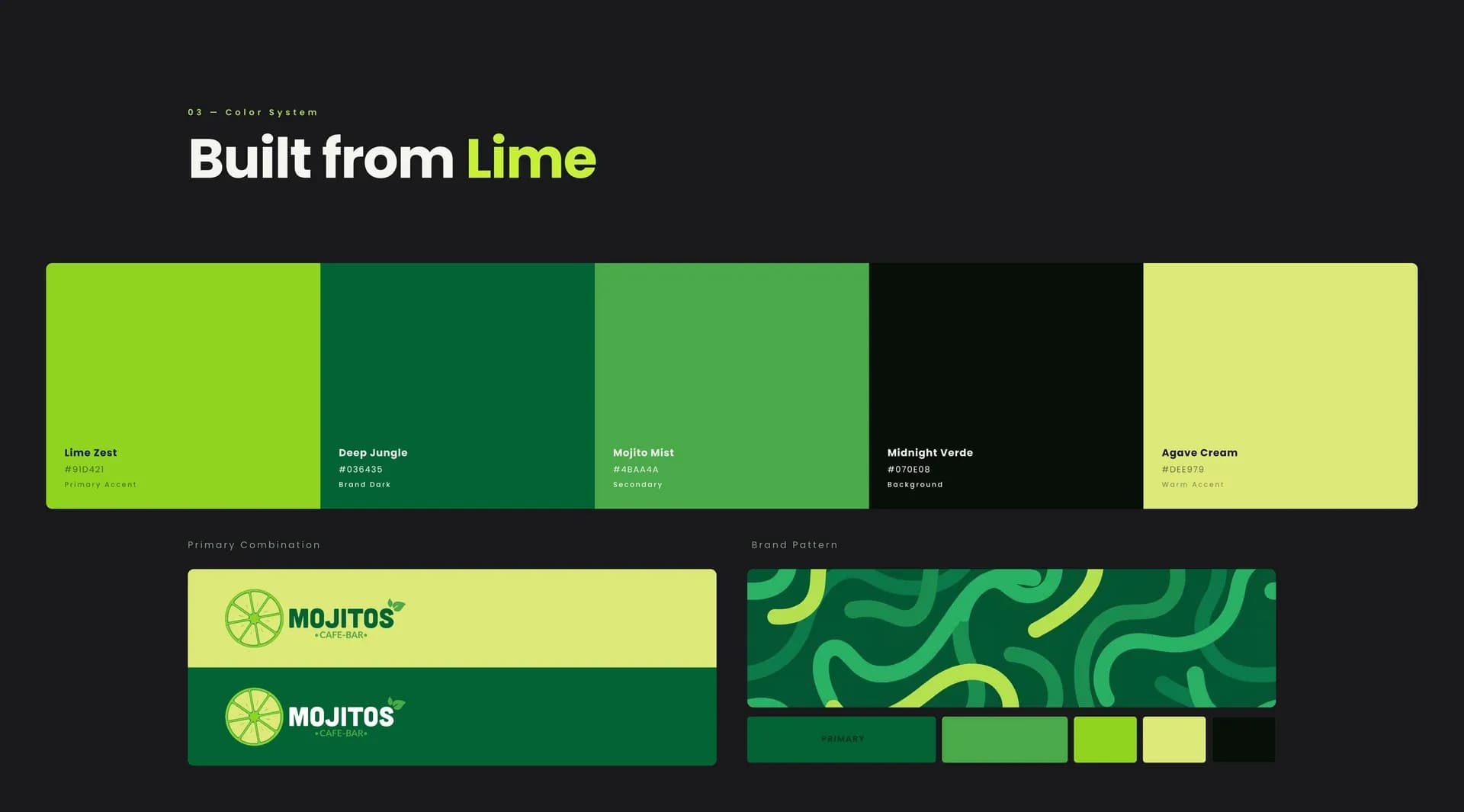 MOJITOS colour palette and brand patterns – built from lime