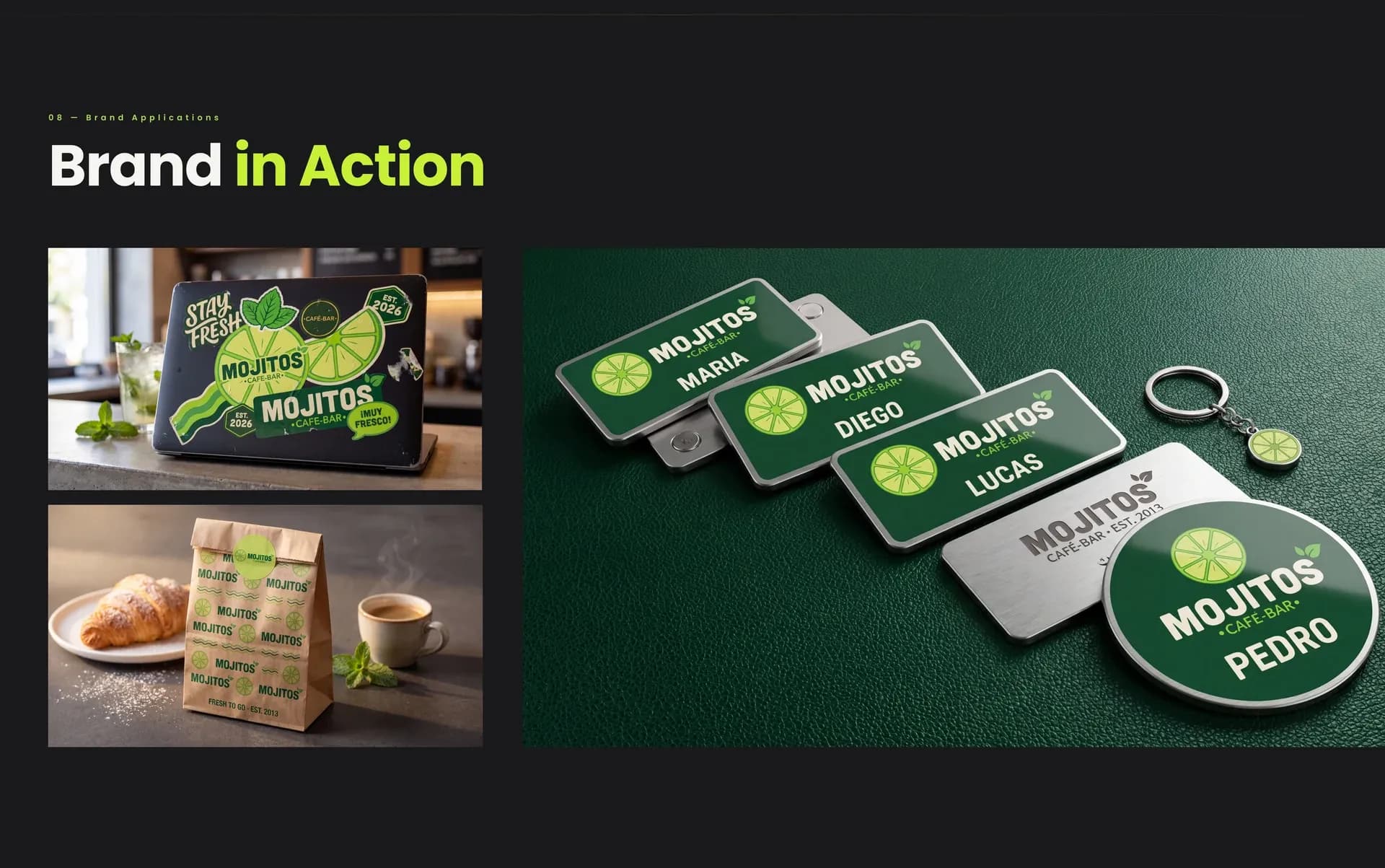 MOJITOS brand in action – packaging, key rings and badges