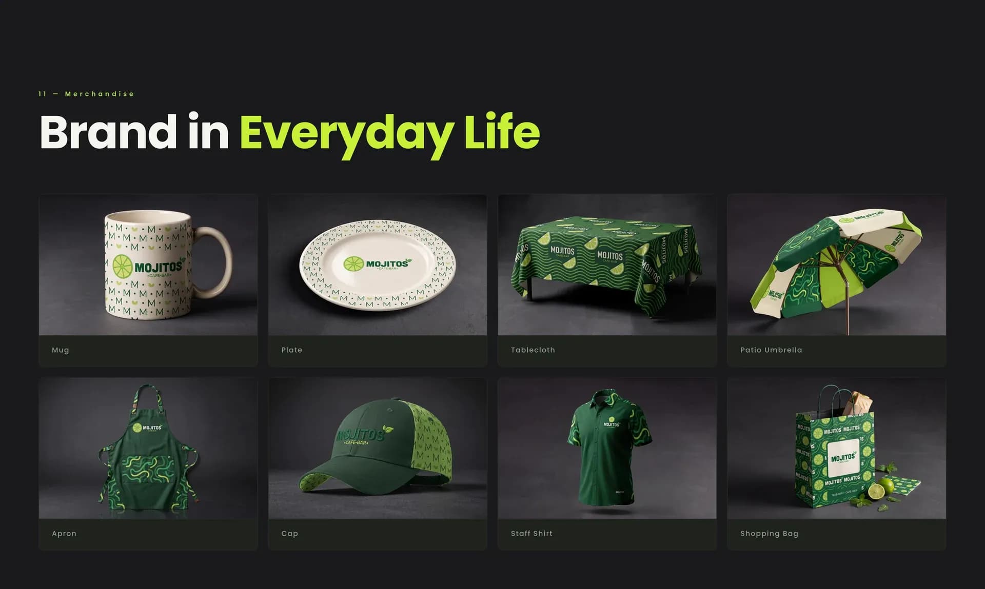 MOJITOS brand in everyday life – cups, plates, caps, uniforms and merchandise