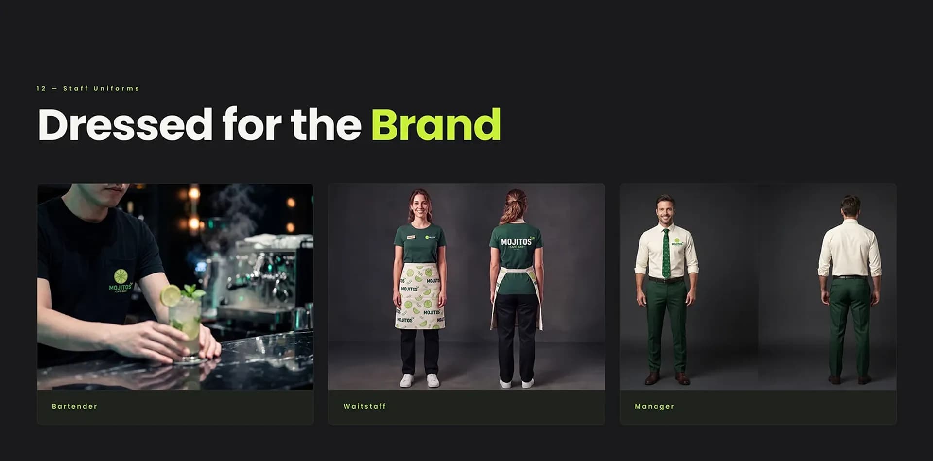 MOJITOS staff uniforms – bartender, waitress and manager outfits