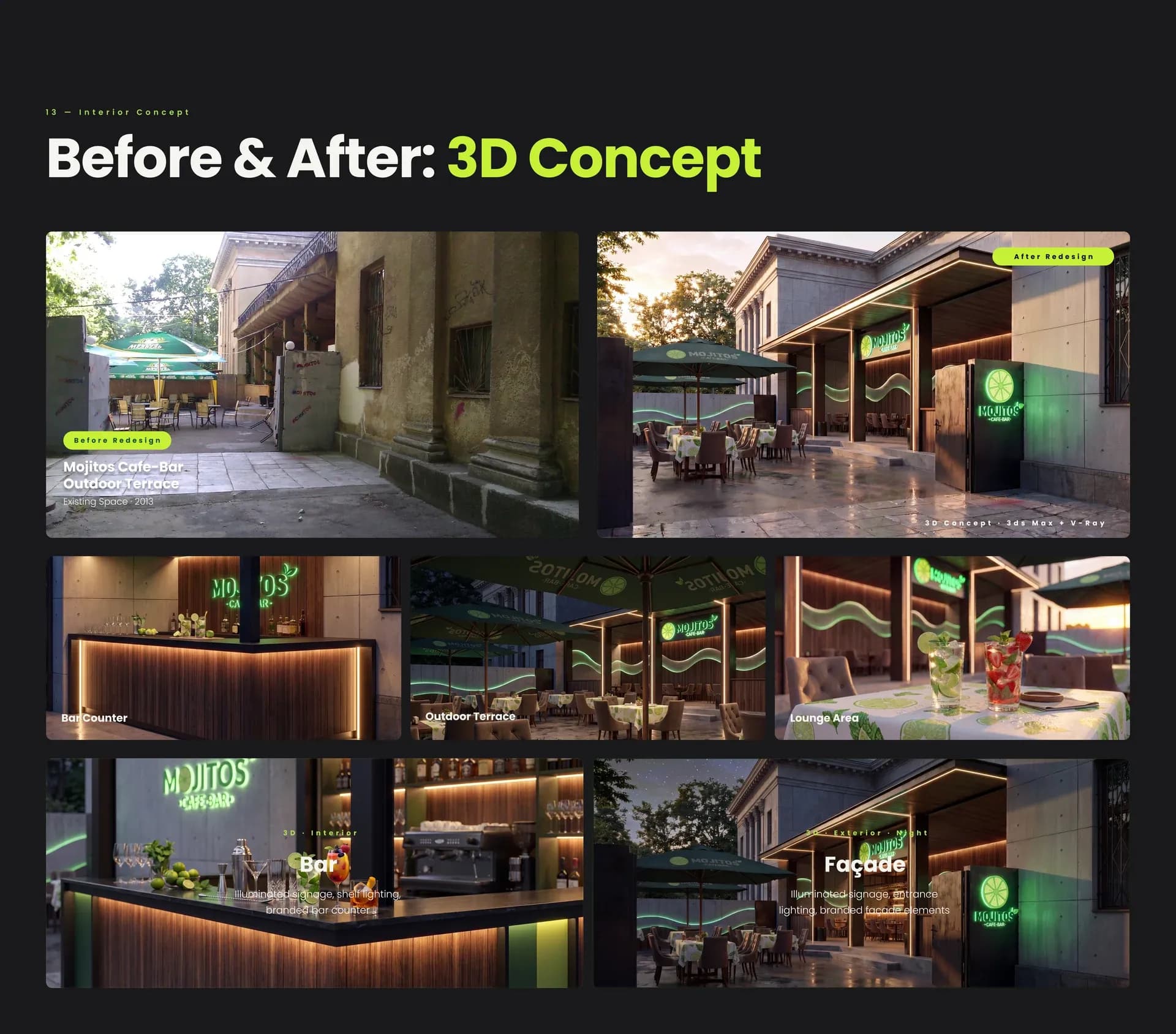 Before and after: 3D concept of the MOJITOS café-bar interior and terrace