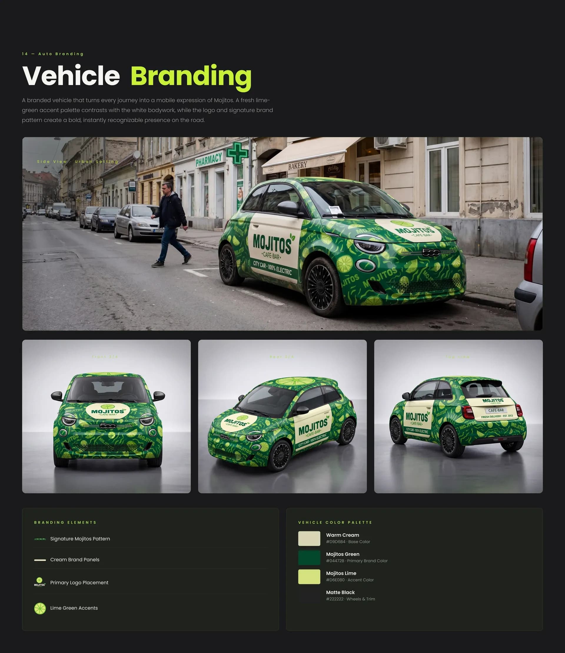 MOJITOS branded delivery car wrap on a city street