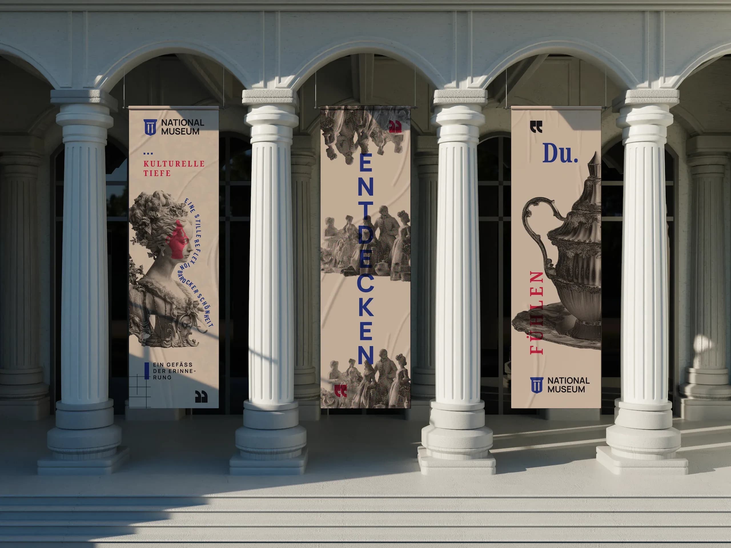 National Museum exhibition banners hanging between classical columns at the entrance